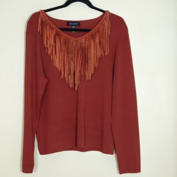 Cable & Gauge Knit Western Top Women XL Burnt Orange LS Suede Fringe V Neck Boho - Picture 13 of 14